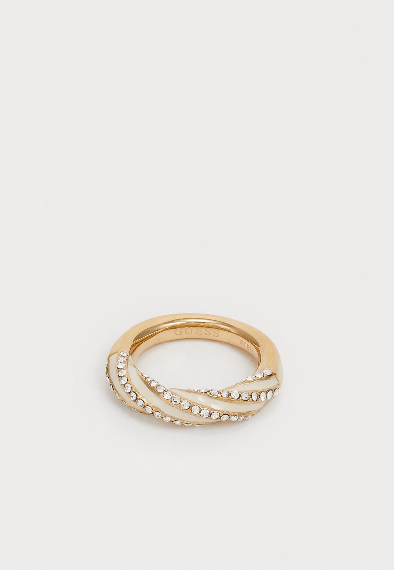 Gold-tone ring featuring a twisted design with inset clear stones along the bands, smooth texture, and engraved branding on the inner band.