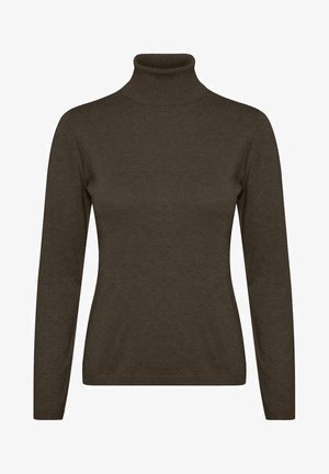 Ciemnozielony sweter z golfem wykonany z materiału w prążki, z długimi rękawami i dopasowanym krojem, o rozciągliwej teksturze.