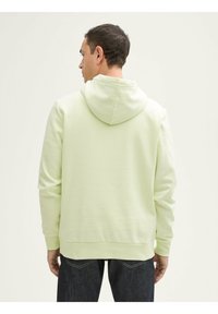 Sudadera con capucha verde claro de corte relajado, con tejido texturizado, puños y bajo de canalé, presentada desde la parte posterior sobre un fondo neutro.