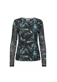 Langärmliges Shirt in Schwarz mit türkisfarbenem Batikmuster. Hergestellt aus leichtem Stoff mit Rundhalsausschnitt und transparenten Ärmeln.