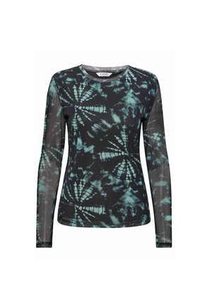 Duga majica s dugim rukavima u crnoj boji s tirkiznim tie-dye uzorkom. Napravljena od lagane tkanine s okruglim izrezom i prozirnim rukavima.