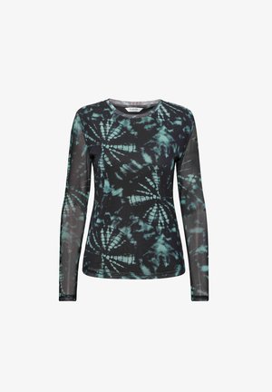 Camisa de manga larga en negro con patrón de tie-dye en tonos azul verdoso. Fabricada en una tela ligera con escote redondeado y mangas transparentes.