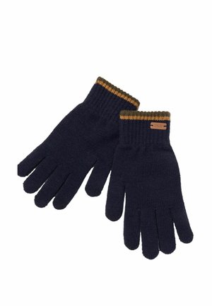 Par de guantes de punto azul oscuro con puños de canalé con una raya marrón y mostaza y una pequeña etiqueta marrón.
