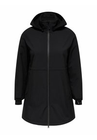 Chaqueta negra impermeable con cremallera frontal y capucha ajustable. Presenta mangas largas, puños elásticos y dos bolsillos laterales con cremallera.