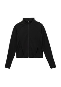 Schwarze Zip-Jacke mit hohem Kragen, tailliertem Design, langen Ärmeln und Seitentaschen; aus einem glatten, elastischen Material gefertigt.
