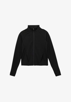 Veste noire zippée avec un col haut, au design ajusté, manches longues et poches latérales ; fabriquée dans un matériau lisse et extensible.