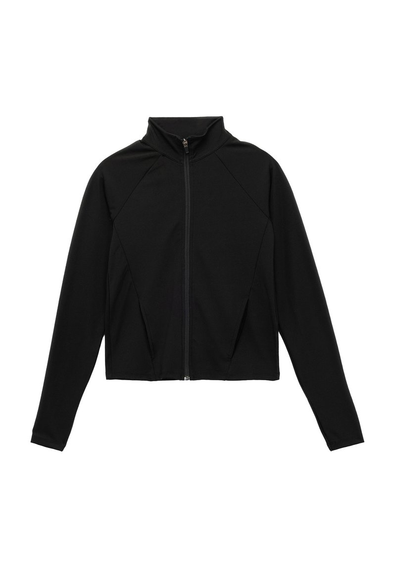 Schwarze Zip-Jacke mit hohem Kragen, tailliertem Design, langen Ärmeln und Seitentaschen; aus einem glatten, elastischen Material gefertigt.
