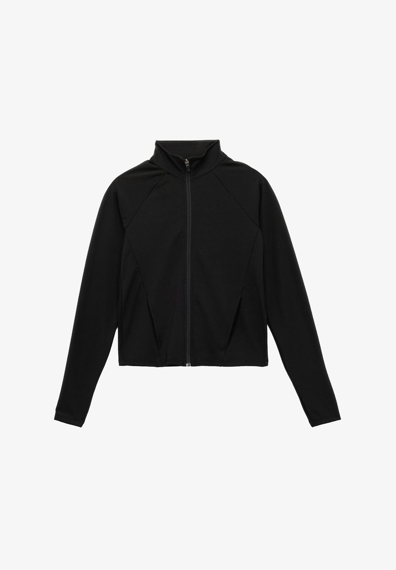 Chaqueta negra con cremallera y cuello alto, diseño ajustado, mangas largas y bolsillos laterales; hecha de un material suave y elástico.