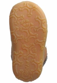 Suola di scarpa marrone con un design testurizzato che presenta motivi di fiocchi di neve e un volto sorridente. Include le scritte 'PEPINO' e '18'.