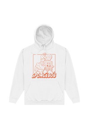 Biała bluza z kapturem z pomarańczową liniową grafiką SpongeBoba Kanciastoportego i Patryka Rozgwiazdy, uśmiechających się i obejmujących się, z napisem „SPONGEBOB” poniżej.