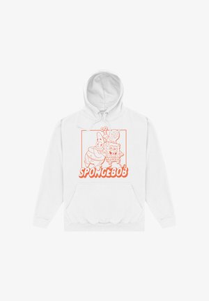 Sweat à capuche blanc avec dessin au trait orange de Bob l'éponge et Patrick Étoile souriants et s'enlaçant, avec le texte « SPONGEBOB » en dessous.