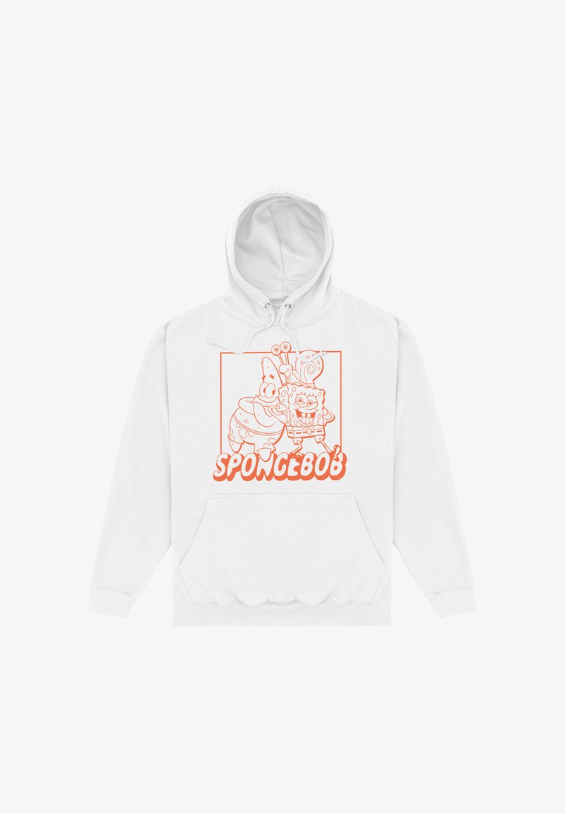 Sweat à capuche blanc avec dessin au trait orange de Bob l'éponge et Patrick Étoile souriants et s'enlaçant, avec le texte « SPONGEBOB » en dessous.