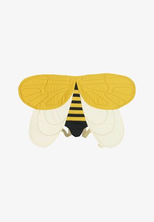 Bierelateret kostume med gule og hvide polstrede vinger, sortstribet krop og teksturdetaljer på vingene. Justerbare stropper inkluderet.