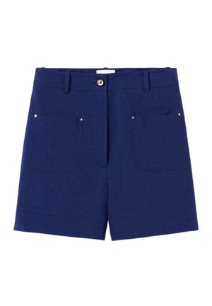Shorts bleu marine en lin mélangé, dotés de deux poches avant avec quincaillerie dorée et d'une petite fermeture à bouton.