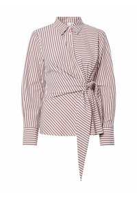 Gestreepte blouse in lichtroze en wit, met een wikkelontwerp en een strik aan de taille, knoopsluiting en lange mouwen met manchet detail.