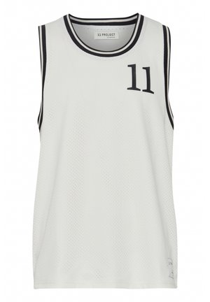 Balta be rankovių sportinė marškinėlių tunika, pagaminta iš tinklelio audinio, su apvaliu kaklu, juodu apvadu ir skaičiumi "11" atspausdintu priekyje.