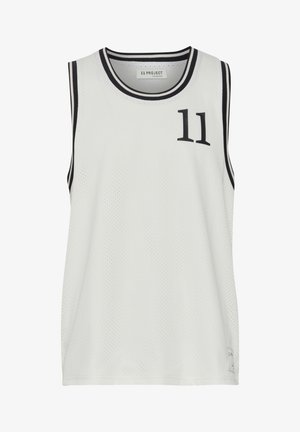 Maillot de sport sans manches blanc en tissu mesh, avec un col rond, une bordure noire et le numéro "11" imprimé sur le devant.