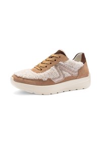 Braune Wildleder- und strukturiertes Stoff-Sneaker mit cremefarbigen Akzenten, goldenen Schnürsenkeln und einer gepolsterten weißen Sohle. Hat ein lässiges, sportliches Design.