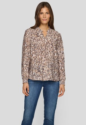 Langärmlige Bluse aus leichtem, bedrucktem Stoff mit einem braun-beigen abstrakten Muster, ausgestattet mit kleinem Kragen und elastischen Bündchen.