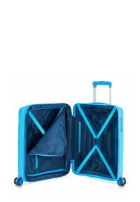 Valigia rigida blu con manico estensibile e ruote. L'interno presenta una fodera blu navy, diversi scomparti, cerniere e cinturini per il fissaggio.