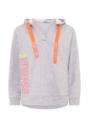 Grauer Kapuzenpullover mit V-Ausschnitt, orangefarbene Akzentkordeln und lebendigem "SMILE!"-Text in Pink und Gelb an der Seite. Weicher, strukturierten Stoff.