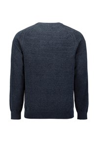 Donker marineblauw gebreid sweater, ronde hals, lange mouwen, ribgebreide manchetten en zoom, gladde textuur, zonder zichtbare patronen of versieringen.