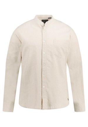 Light beige long-sleeve shirt made of linen, featuring a mandarin collar, front button closure, left chest pocket, and rounded hem.