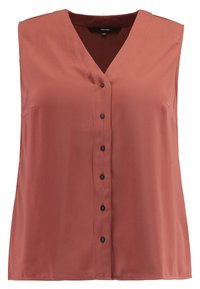 Débardeur sans manches en tissu couleur rouille, avec un col en V, fermeture à boutons sur le devant avec des boutons foncés, et une texture lisse semblable à du satin.