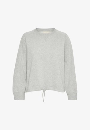 Szara bluza z dekoltem w serek, długimi rękawami i sznurkiem w dolnej części. Miękka, teksturowana tkanina o luźnym kroju.