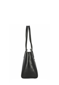 Borsa a tracolla nera in pelle con forma triangolare, design elegante, doppi manici e texture liscia. Stile minimalista, senza hardware visibile.