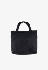 Bolso tote negro acolchado con dos asas, bolsillo con solapa en el frente, bolsillos laterales y logo "UP" en relieve en la parte frontal.