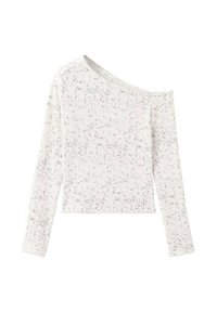 Valkoinen, pitkähihaisuus paita, jossa on olkapäätä paljastava muotoilu. Rakenteellinen kangas, jossa on hienovarainen pilkullinen kuvio. Lyhyt malli, tiukka tyyli.