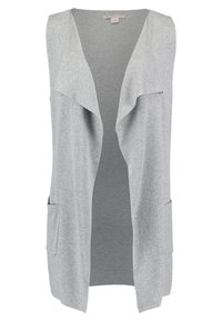 Cardigan leggero grigio senza maniche con apertura frontale, due tasche laterali e una texture morbida. Design semplice con una vestibilità comoda.