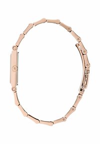 Bracciale in oro rosa con un design a maglia flessibile, texture liscia e chiusura rettangolare. Accenti finali notevoli arricchiscono l'interesse visivo.