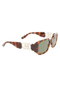 Skilpadde-sunglasses med grønne linser, med rektangulære rammer og gulltonede detaljer ved templene.
