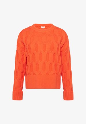 Leuchtend orangefarbener gestrickter Pullover mit Wabenstruktur, gerippten Bündchen und Saum sowie einem Rundhalsausschnitt. Kurzes, locker sitzendes Design.