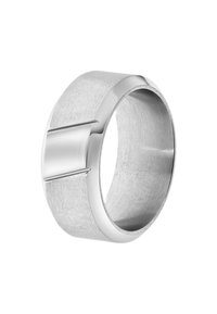 Zilverkleurige ring met een geborstelde afwerking, vlak profiel en gladde randen, voorzien van een gepolijste accentstrepen aan één kant.