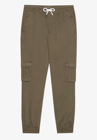 Olivově zelené cargo kalhoty vyrobené z bavlněného směsového materiálu, s elastickým pasem na šňůrku, bočními kapsami a zúženými manžetami.