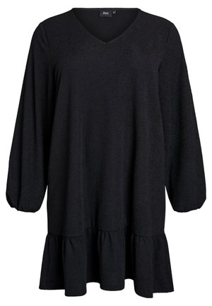 Čierne šaty s výstrihom do V, dlhými balónovými rukávmi a vrstveným volánom na spodnom okraji. Vyrobené z textúrovaného materiálu s voľným strihom.