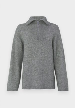 Gray half-zip sweater with a ribbed collar and textured knit pattern. Features long sleeves and a straight cut design for an oversized fit.