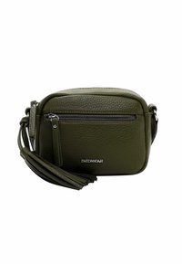 Green leather crossbody bag with a textured finish, zippered compartment, and a tassel accent. Features a brand logo in silver.