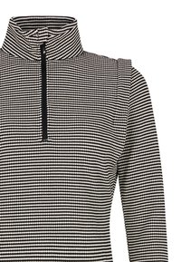 Schwarz-weißer gemusterter Halb-Zip-Pullover mit Stehkragen, aus strukturiertem Stoff und enganliegendem Design.