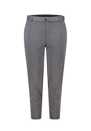 Pantalons gris à motif avec une coupe ajustée, présentant une coupe slim, des passants de ceinture et une boucle en métal circulaire à la taille.