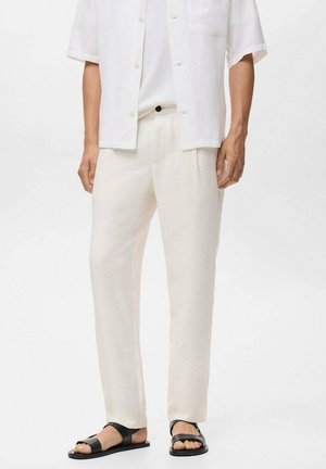 Pantalons en lin couleur crème avec une coupe droite, associés à une chemise blanche à manches courtes et des sandales noires. Style minimaliste.