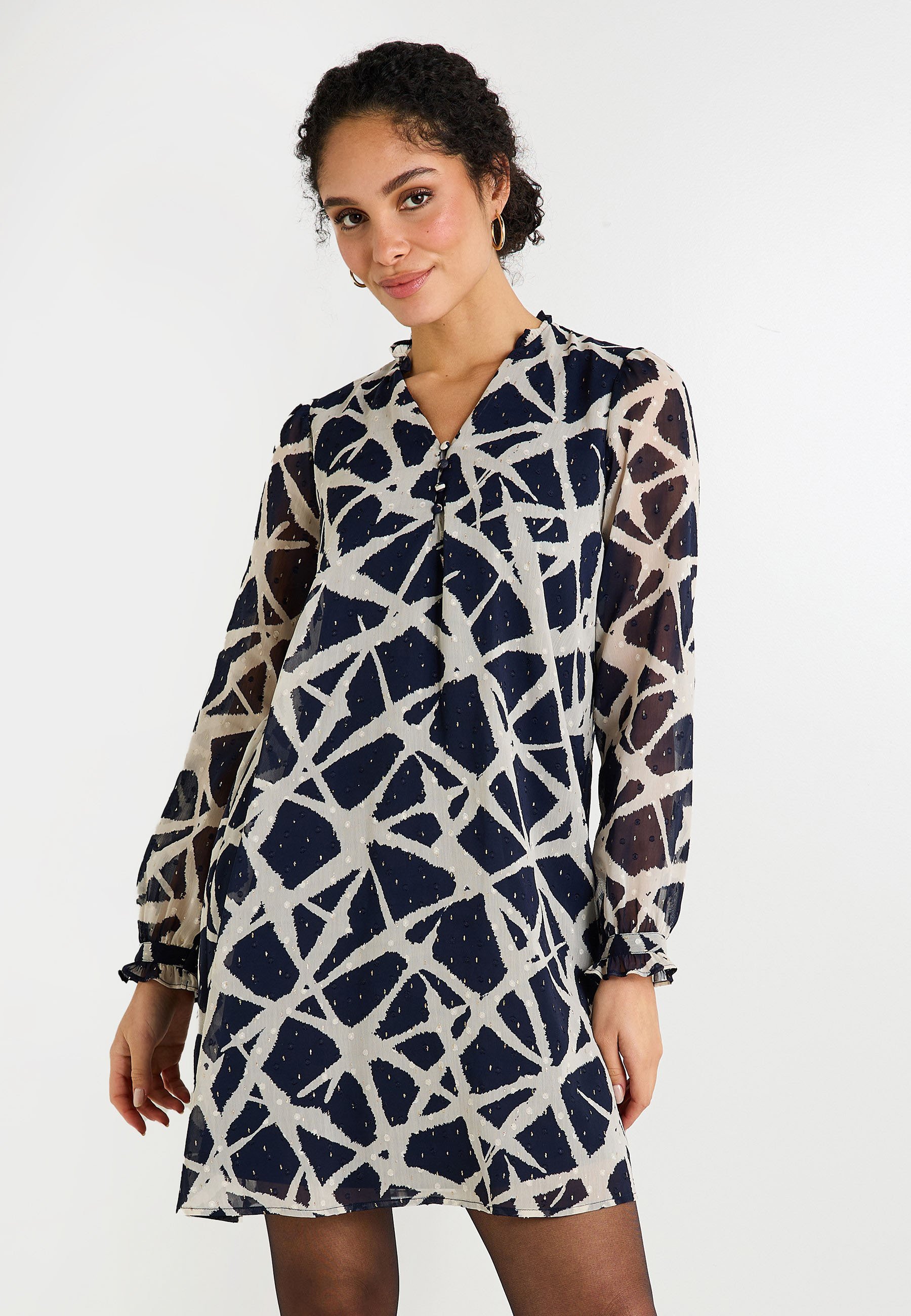 Chemise En Maille Imprimée Géométrique Femme - Manches Longues - Tissu Fluide - Style Moderne Et Affirmé