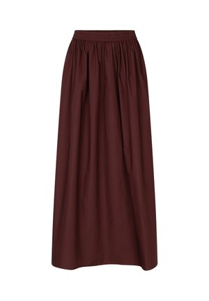 Bruine lange rok met geplooide taille en soepel vallende stof, ontworpen voor casual of formeel gebruik.