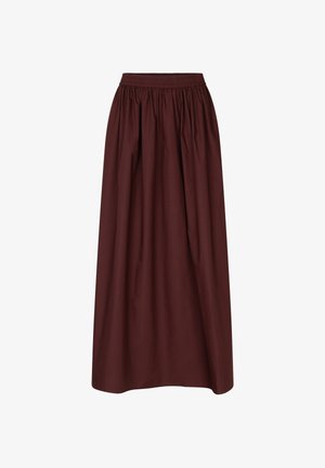 Bruine lange rok met geplooide taille en soepel vallende stof, ontworpen voor casual of formeel gebruik.