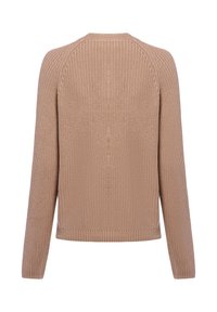 Bézs kötött pulóver hosszú ujjakkal, bordázott mandzsettával és szegéllyel, hátulról fehér háttéren bemutatva.