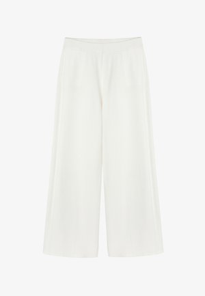 Weiße weit geschnittene Hose aus glattem Material, mit einem horizontalen Bund und zwei seitlichen Taschen, gerade geschnitten mit dezenten Falten.