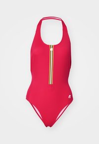 Red one-piece swimsuit made of smooth material. Features a front zipper with gold accents and wide shoulder straps. Notable logo at the bottom.